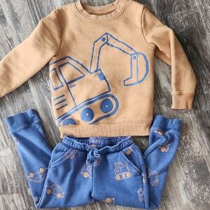 Cat & Jack Light Brown Digger Sweatshirt And Blue Truck Print Pants